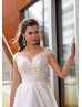 Beaded Cap Sleeves Ivory Lace Tulle Wedding Dress